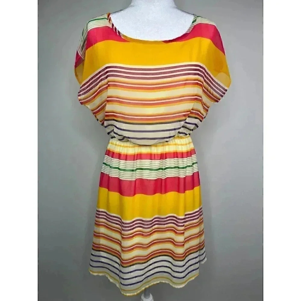 Jella Couture Bright Colors Striped Blouson Cap Sleeve Dress - Large